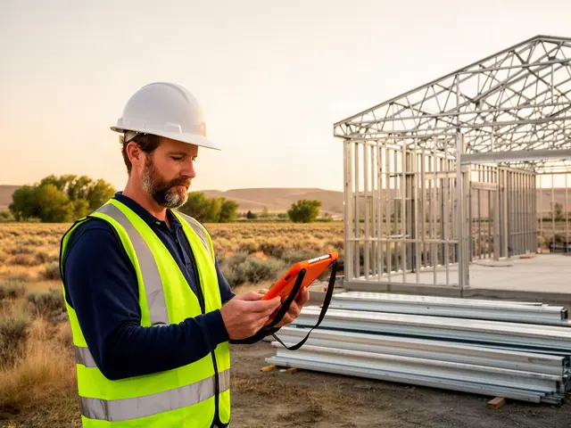 Man in hard hat and yellow safety vest checking an orange tablet beside a steel-framed building on sagebrush ground