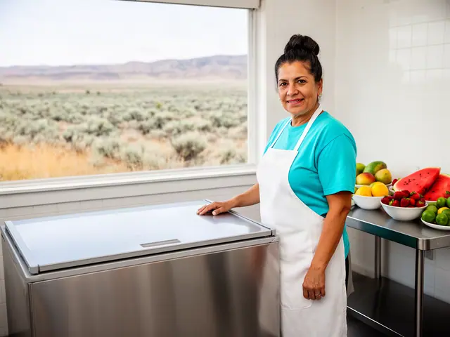 Woman in teal shirt and white apron resting a hand on a stainless steel chest freezer next to a bright fruit table