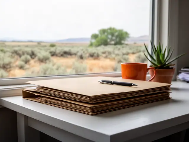 Stack of plain tan document folders with a black pen on a windowsill desk beside a mug and aloe plant