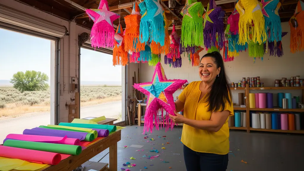 Smiling woman in yellow top holding a pink star piñata in a bright workshop full of hanging colorful piñatas and crepe paper rolls