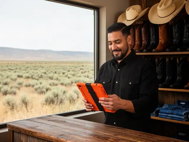 Smiling man in black western shirt using an orange tablet behind a rustic counter in a boot and hat shop