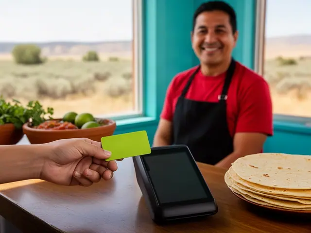 Close view of a hand holding a plain green card toward a black card reader while a smiling owner stands behind the counter